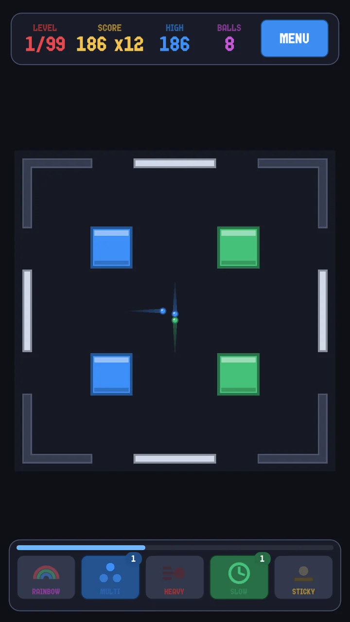 The MULTI and SLOW power ups active during a level
