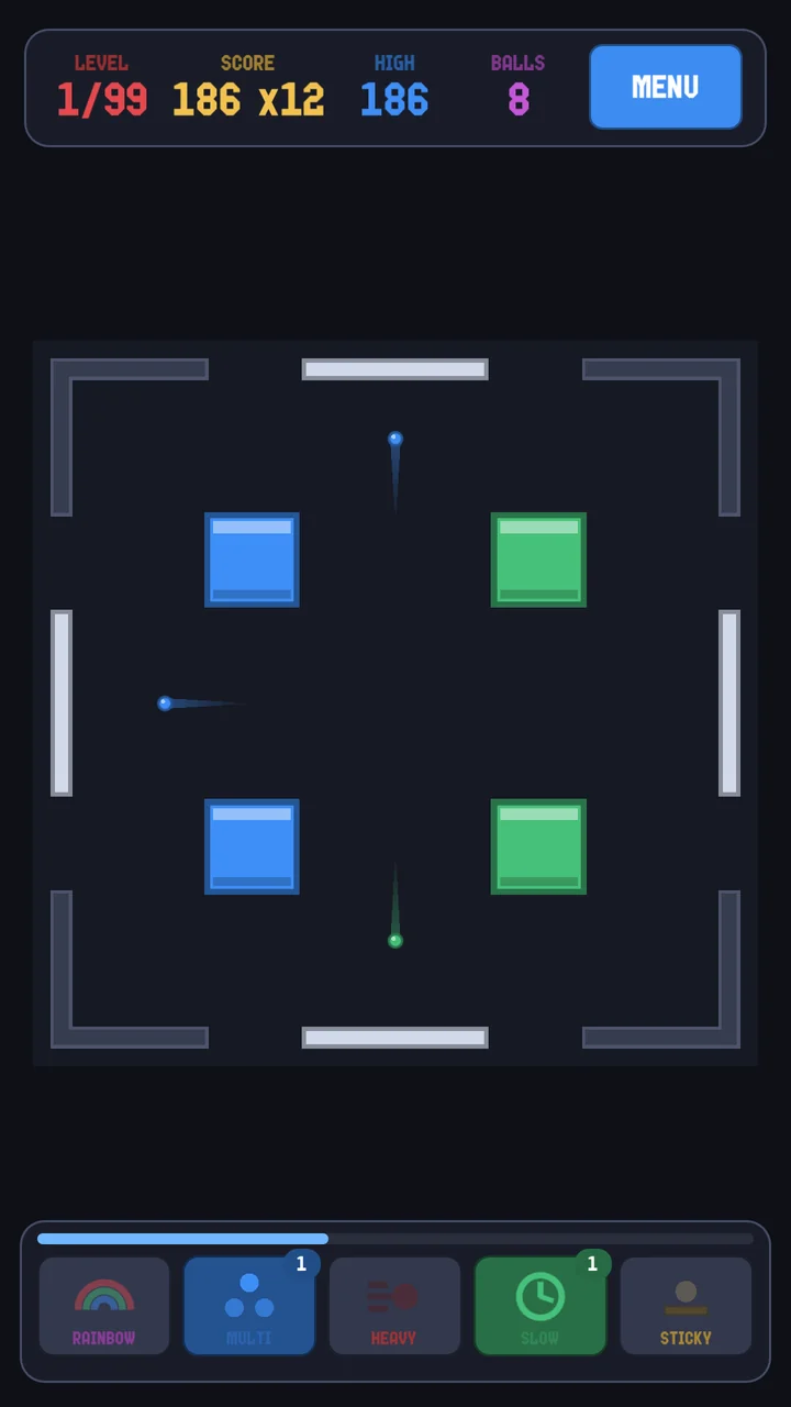 Two balls moving toward opposite sides of the paddle ring